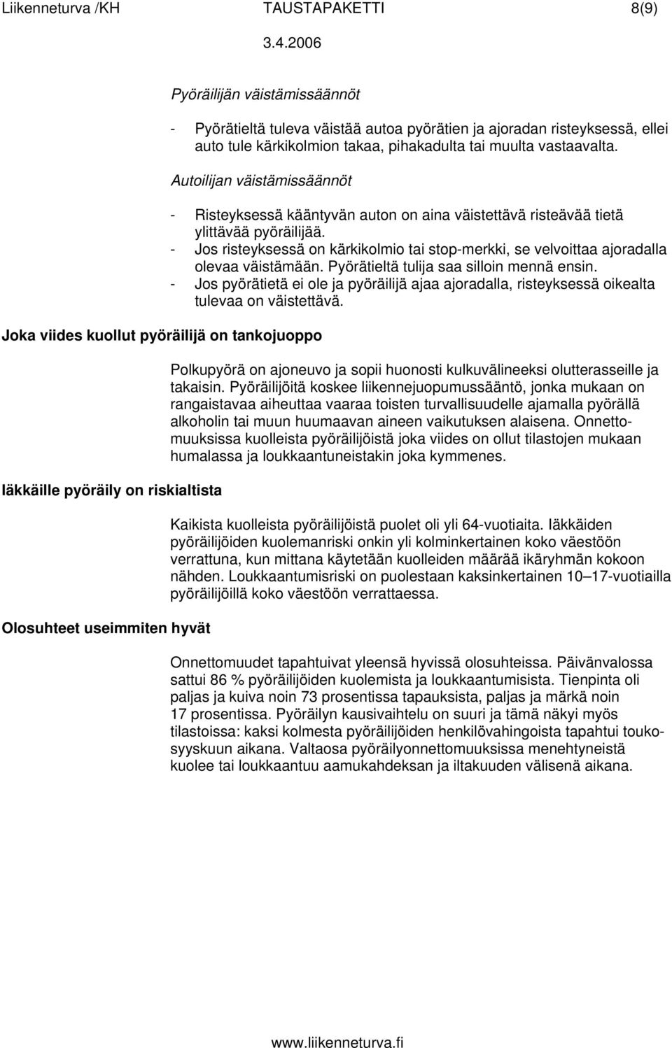 Autoilijan väistämissäännöt Joka viides kuollut pyöräilijä on tankojuoppo Iäkkäille pyöräily on riskialtista Olosuhteet useimmiten hyvät - Risteyksessä kääntyvän auton on aina väistettävä risteävää