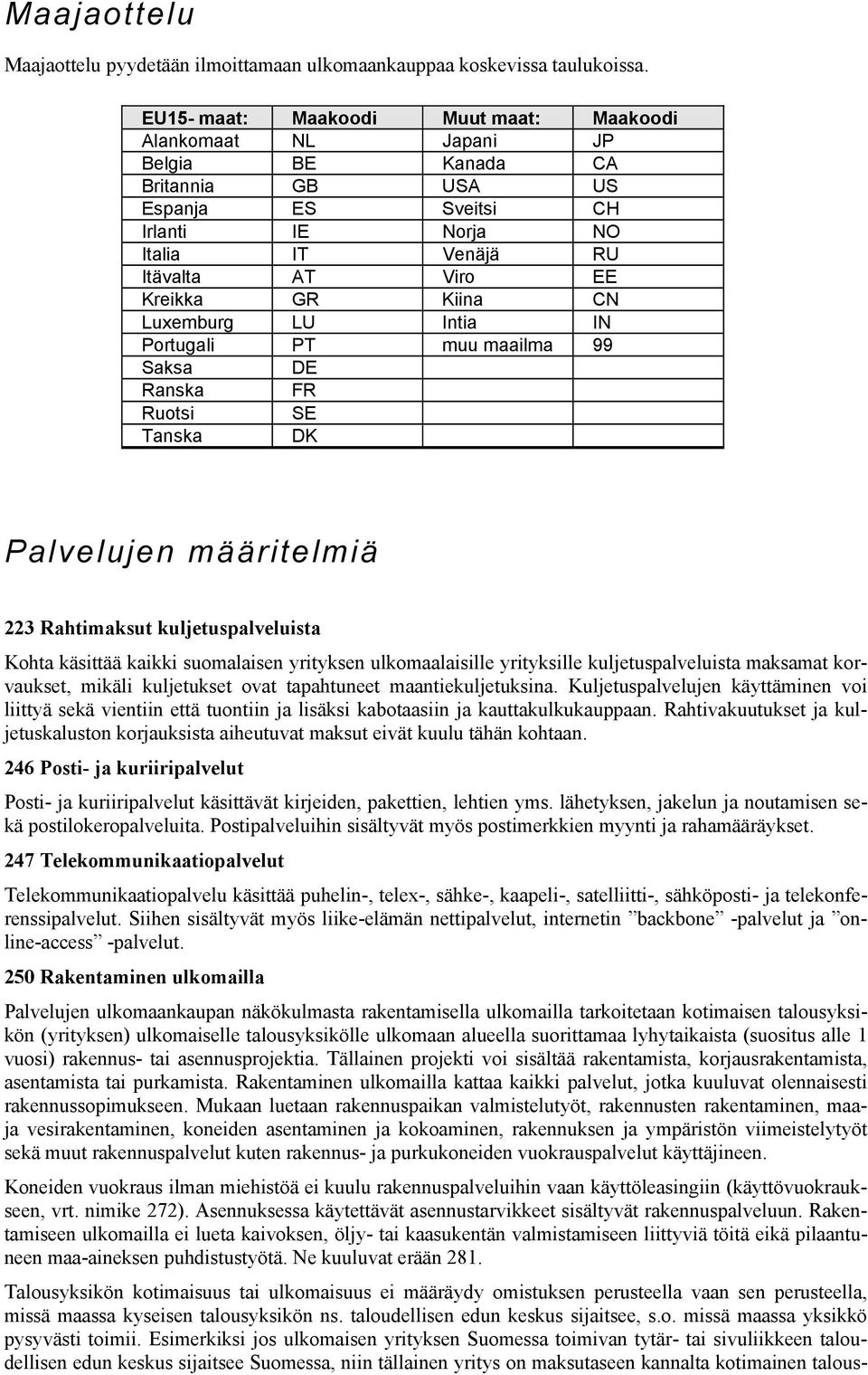 Kiina CN Luxemburg LU Intia IN Portugali PT muu maailma 99 Saksa DE Ranska FR Ruotsi SE Tanska DK Palvelujen määritelmiä 223 Rahtimaksut kuljetuspalveluista Kohta käsittää kaikki suomalaisen