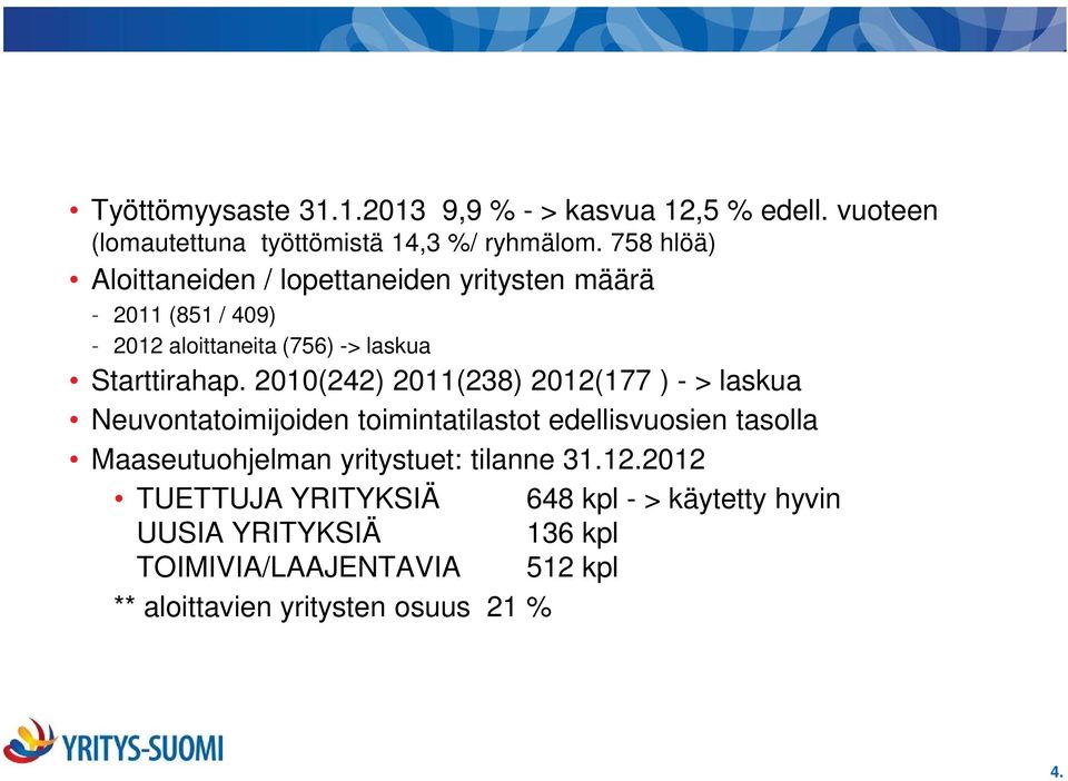 2010(242) 2011(238) 2012(177 ) - > laskua Neuvontatoimijoiden toimintatilastot edellisvuosien tasolla Maaseutuohjelman