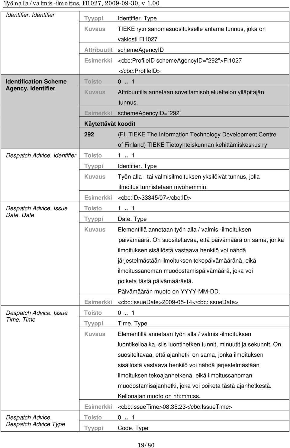 soveltamisohjeluettelon ylläpitäjän tunnus. Esimerkki schemeagencyid="292" Käytettävät koodit Despatch Advice. Identifier Toisto 1.. 1 Despatch Advice. Issue Date. Date Despatch Advice. Issue Time.