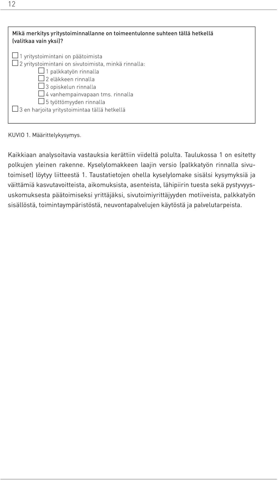 rinnalla 5 työttömyyden rinnalla 3 en harjoita yritystoimintaa tällä hetkellä Kuvio 1. Määrittelykysymys. Kaikkiaan analysoitavia vastauksia kerättiin viideltä polulta.