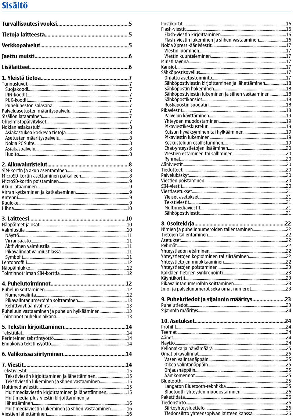 ..8 Nokia PC Suite...8 Asiakaspalvelu...8 Huolto...8 2. Alkuvalmistelut...8 SIM-kortin ja akun asentaminen...8 MicroSD-kortin asettaminen paikalleen...8 MicroSD-kortin poistaminen...9 Akun lataaminen.