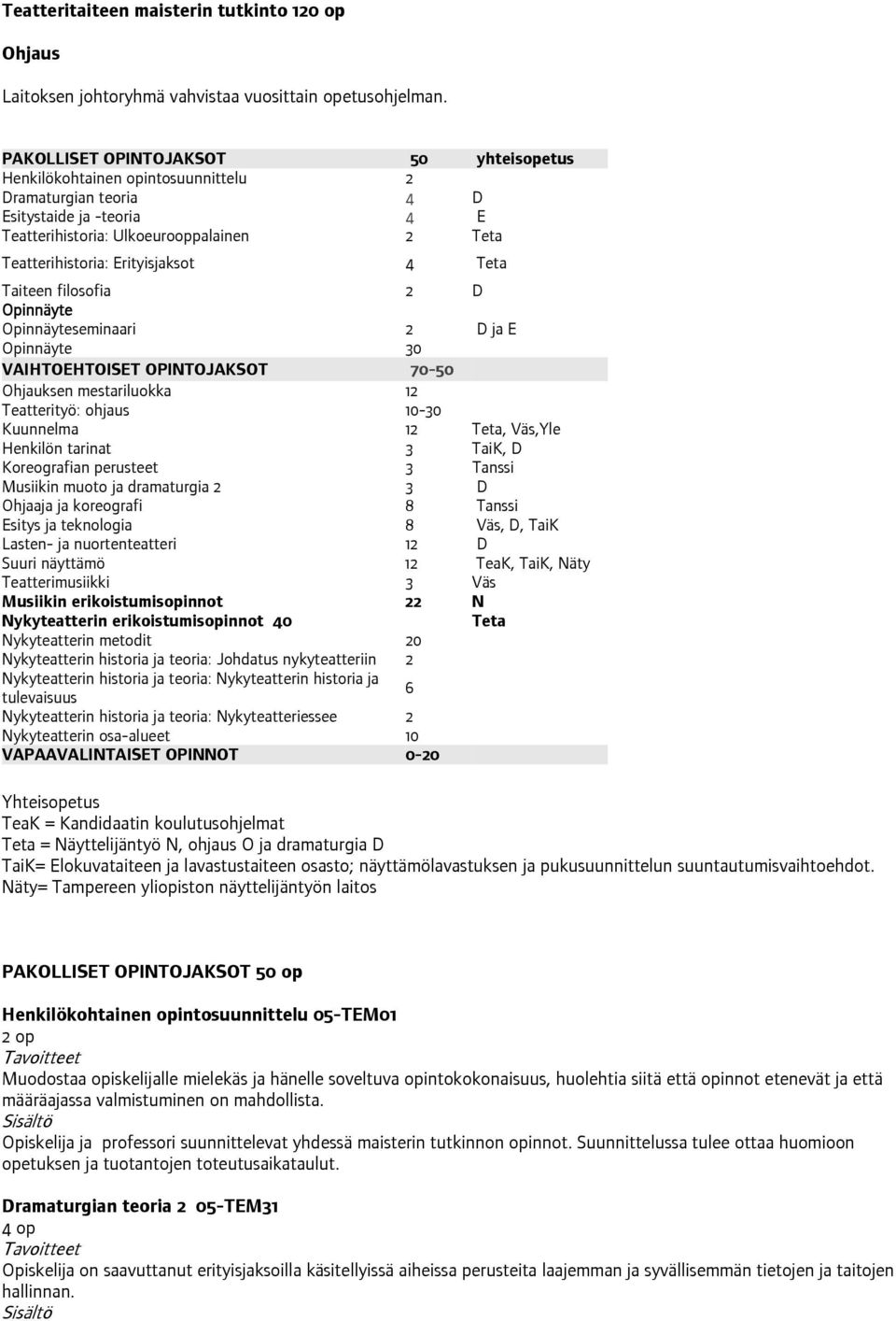 Erityisjaksot 4 Teta Taiteen filosofia 2 D Opinnäyte Opinnäyteseminaari 2 D ja E Opinnäyte 30 VAIHTOEHTOISET OPINTOJAKSOT 70-50 Ohjauksen mestariluokka 12 Teatterityö: ohjaus 10-30 Kuunnelma 12 Teta,