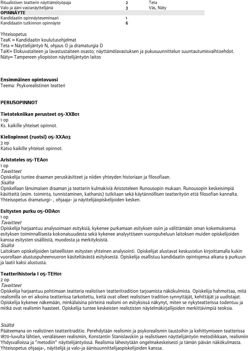 Näty= Tampereen yliopiston näyttelijäntyön laitos Ensimmäinen opintovuosi Teema: Psykorealistinen teatteri PERUSOPINNOT Tietotekniikan perusteet 05-XXB01 Ks. kaikille yhteiset opinnot.