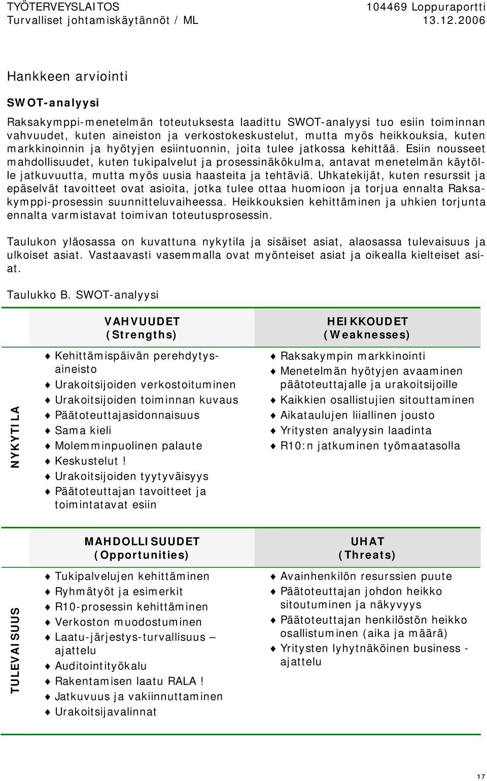 Esiin nousseet mahdollisuudet, kuten tukipalvelut ja prosessinäkökulma, antavat menetelmän käytölle jatkuvuutta, mutta myös uusia haasteita ja tehtäviä.