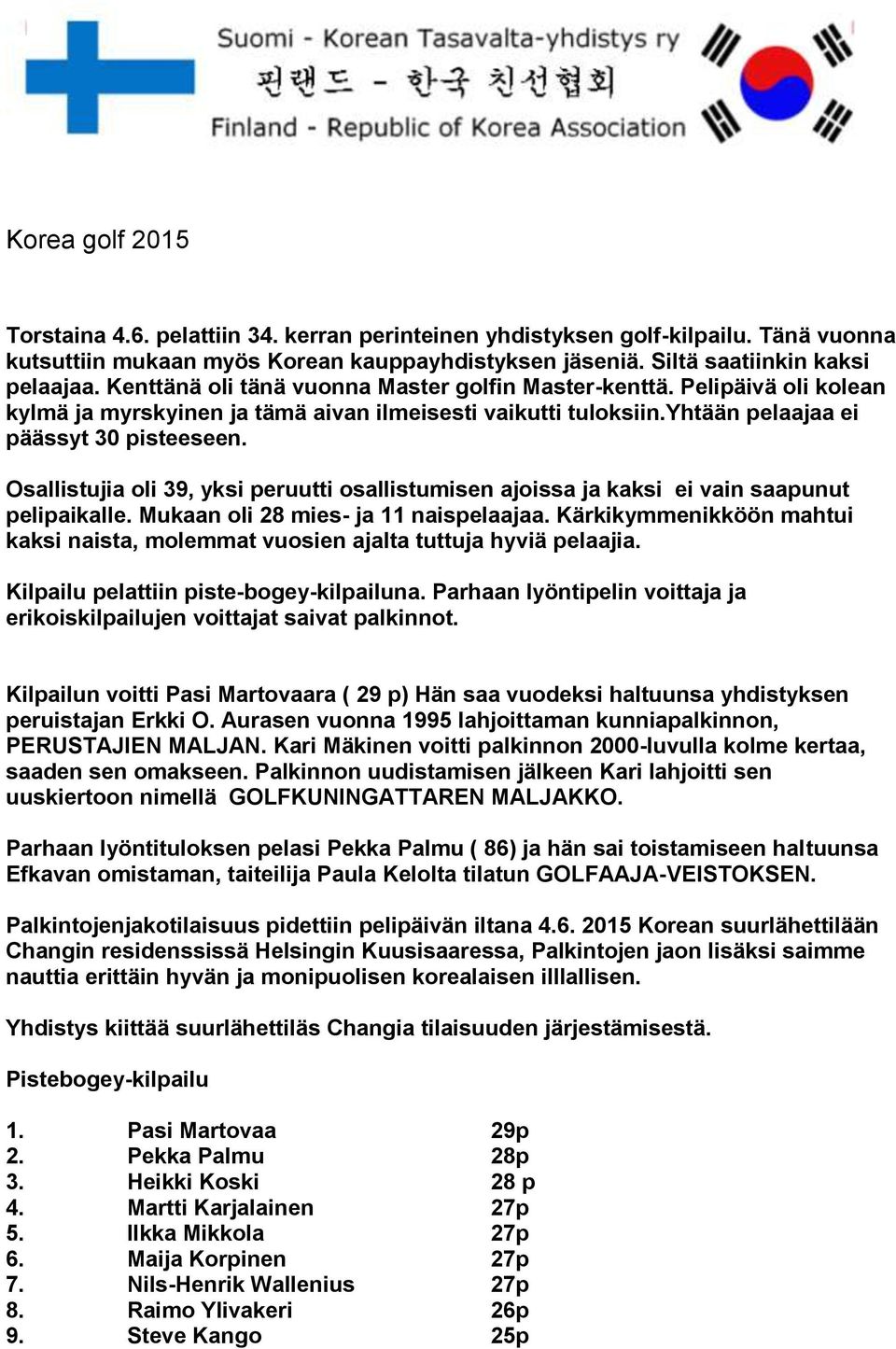 Osallistujia oli 39, yksi peruutti osallistumisen ajoissa ja kaksi ei vain saapunut pelipaikalle. Mukaan oli 28 mies- ja 11 naispelaajaa.