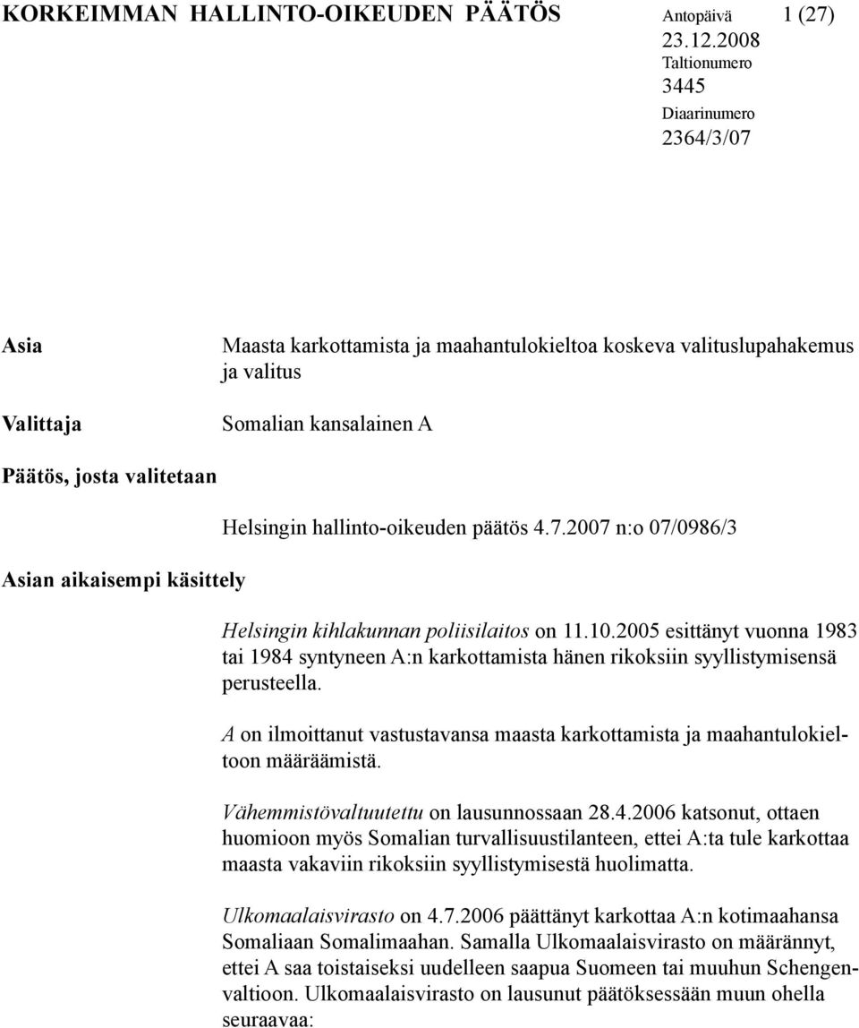 aikaisempi käsittely Helsingin hallinto-oikeuden päätös 4.7.2007 n:o 07/0986/3 Helsingin kihlakunnan poliisilaitos on 11.10.