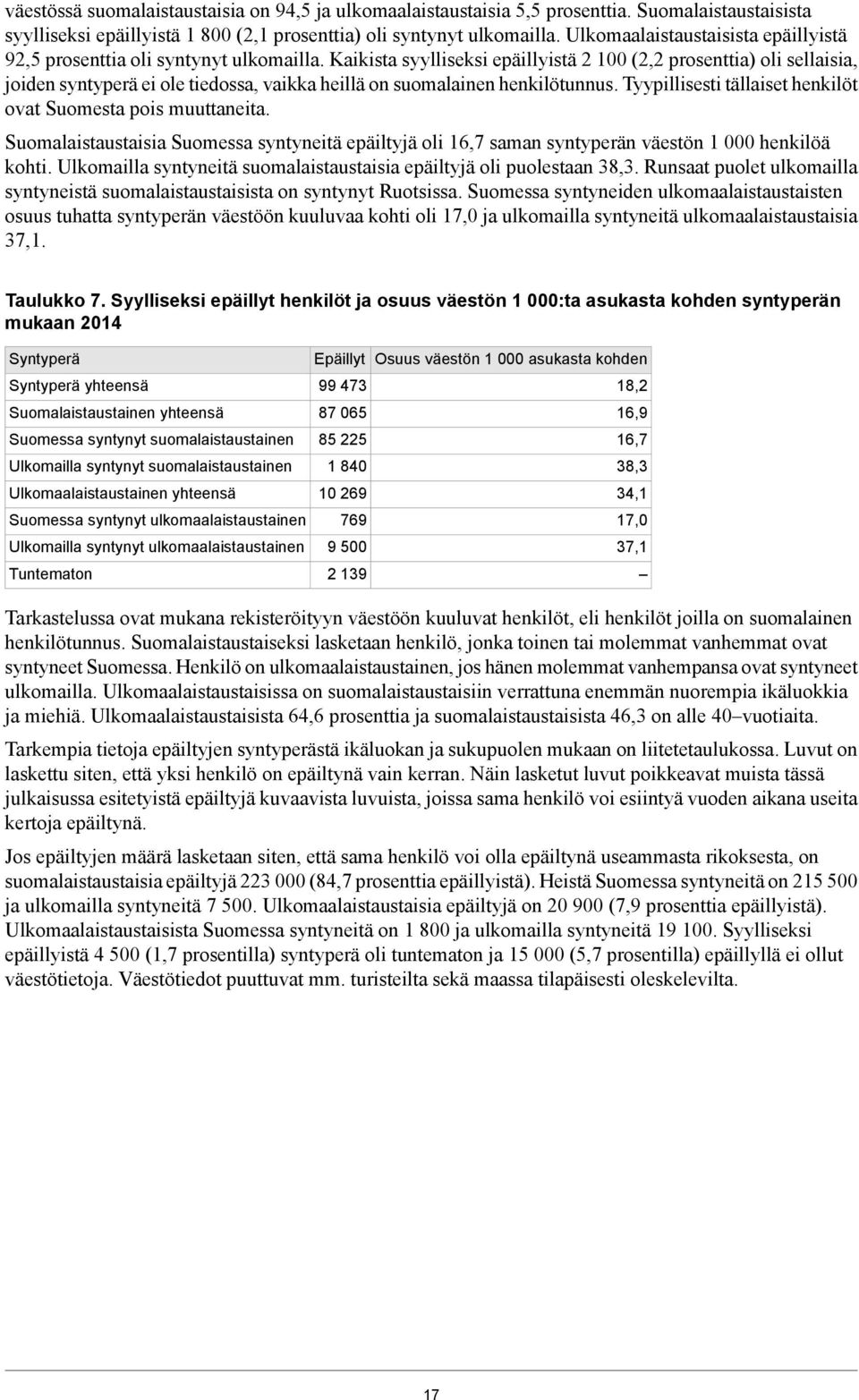 Kaikista syylliseksi epäillyistä (, prosenttia) oli sellaisia, joiden syntyperä ei ole tiedossa, vaikka heillä on suomalainen henkilötunnus.