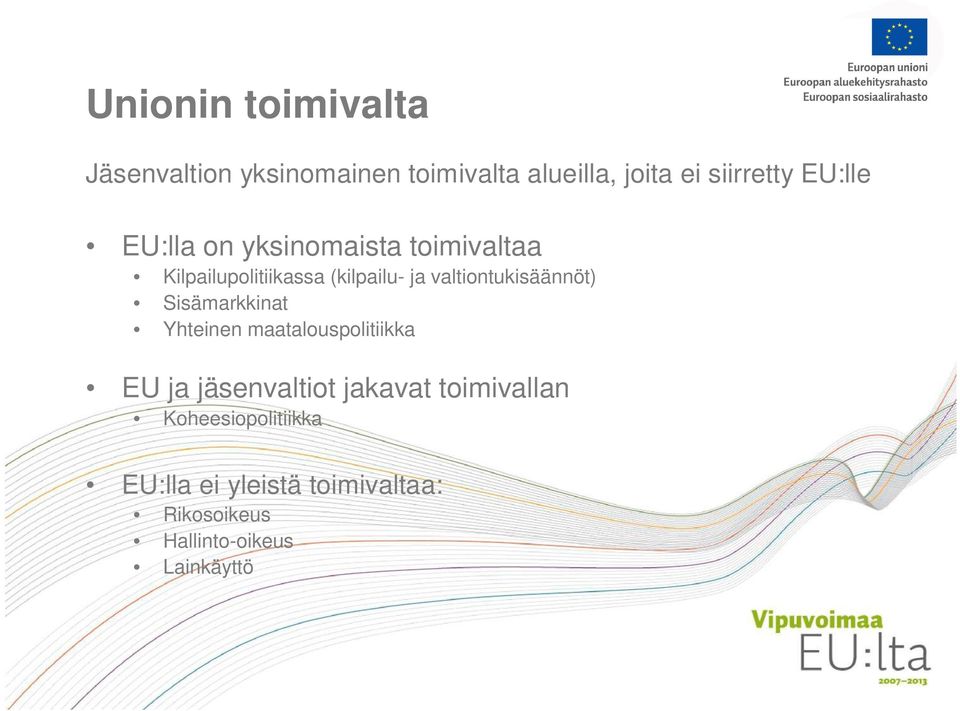 valtiontukisäännöt) Sisämarkkinat Yhteinen maatalouspolitiikka EU ja jäsenvaltiot