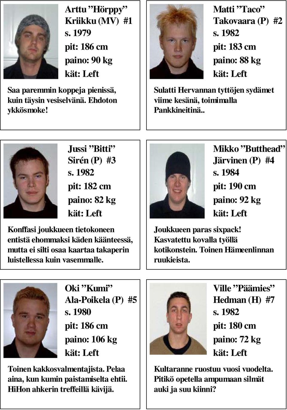 1982 pit: 182 cm paino: 82 kg Konffasi joukkueen tietokoneen entistä ehommaksi käden käänteessä, mutta ei silti osaa kaartaa takaperin luistellessa kuin vasemmalle. Mikko Butthead Järvinen (P) #4 s.