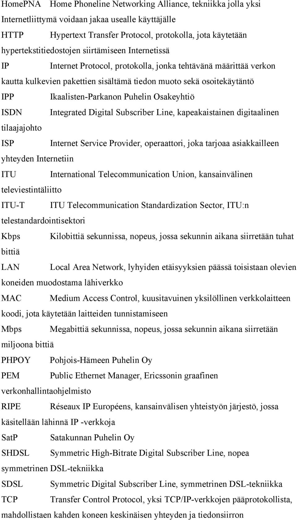 Osakeyhtiö ISDN Integrated Digital Subscriber Line, kapeakaistainen digitaalinen tilaajajohto ISP Internet Service Provider, operaattori, joka tarjoaa asiakkailleen yhteyden Internetiin ITU