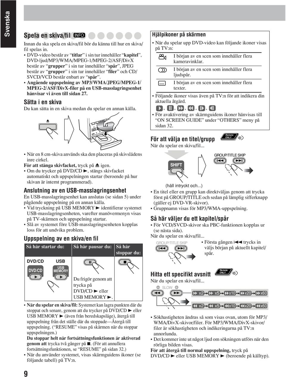 SVCD/VCD består enbart av spår. Angående uppspelning av MP3/WMA/JPEG/MPEG-1/ MPEG-2/ASF/DivX-filer på en USB-masslagringsenhet hänvisar vi även till sidan 27.