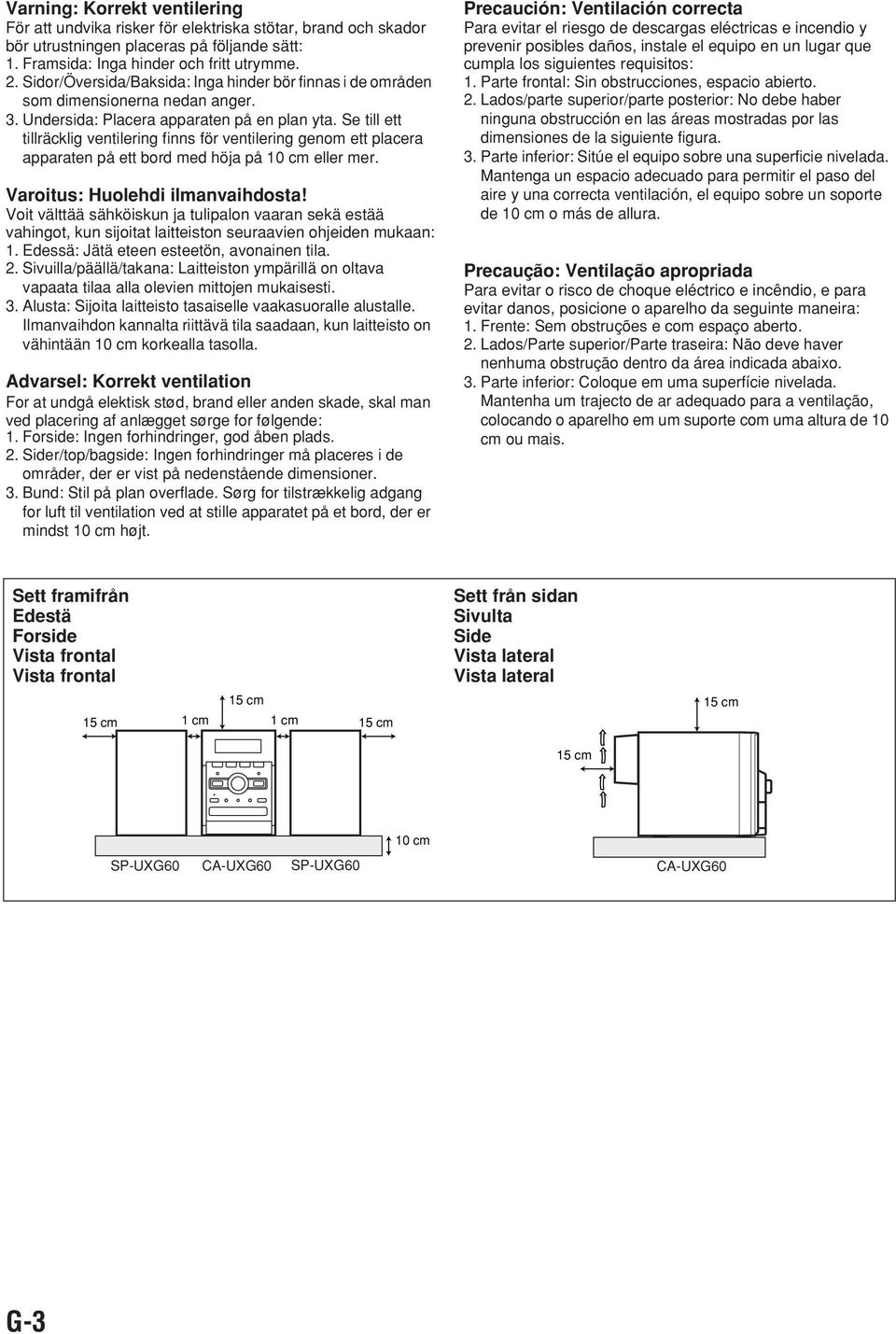 Se till ett tillräcklig ventilering finns för ventilering genom ett placera apparaten på ett bord med höja på 10 cm eller mer. Varoitus: Huolehdi ilmanvaihdosta!