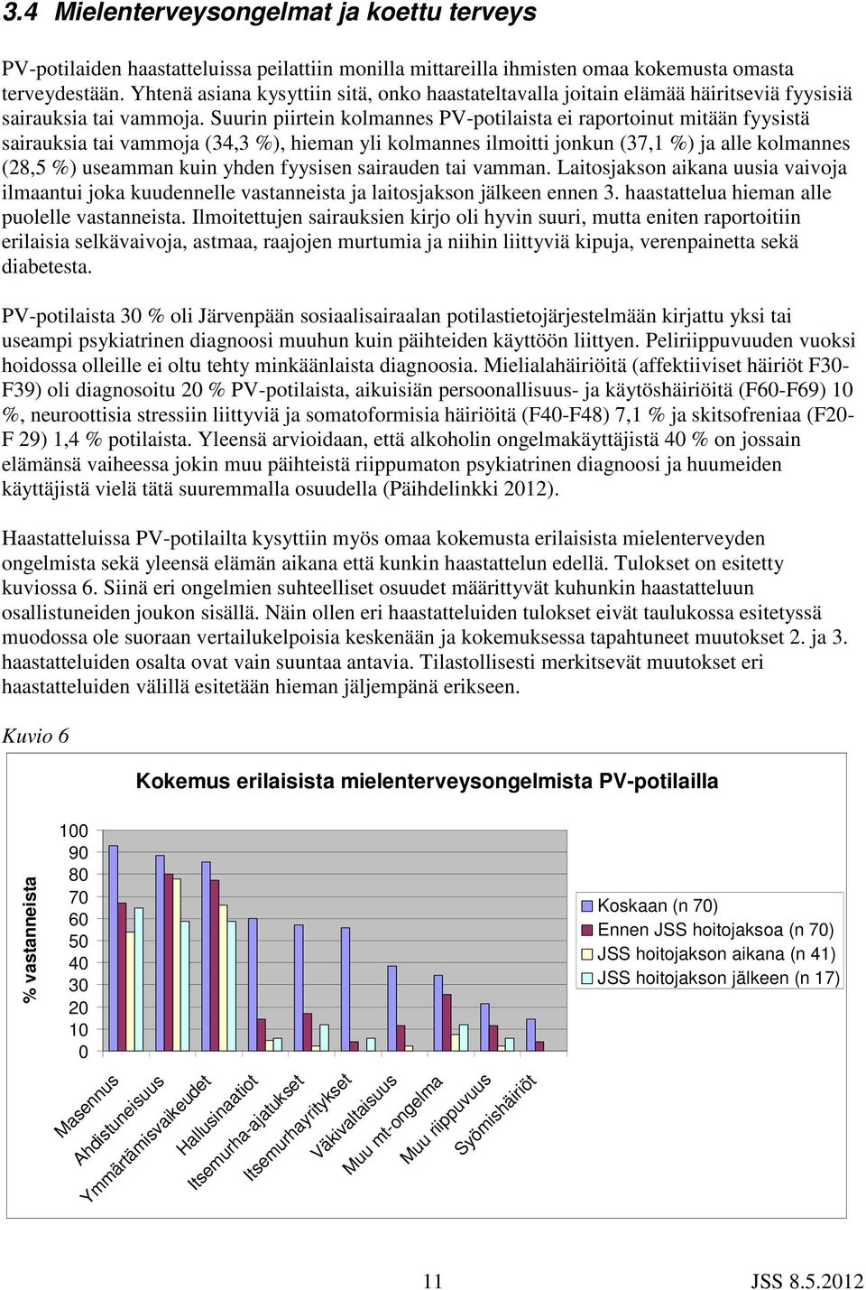 Suurin piirtein kolmannes PV-potilaista ei raportoinut mitään fyysistä sairauksia tai vammoja (34,3 %), hieman yli kolmannes ilmoitti jonkun (37,1 %) ja alle kolmannes (28,5 %) useamman kuin yhden