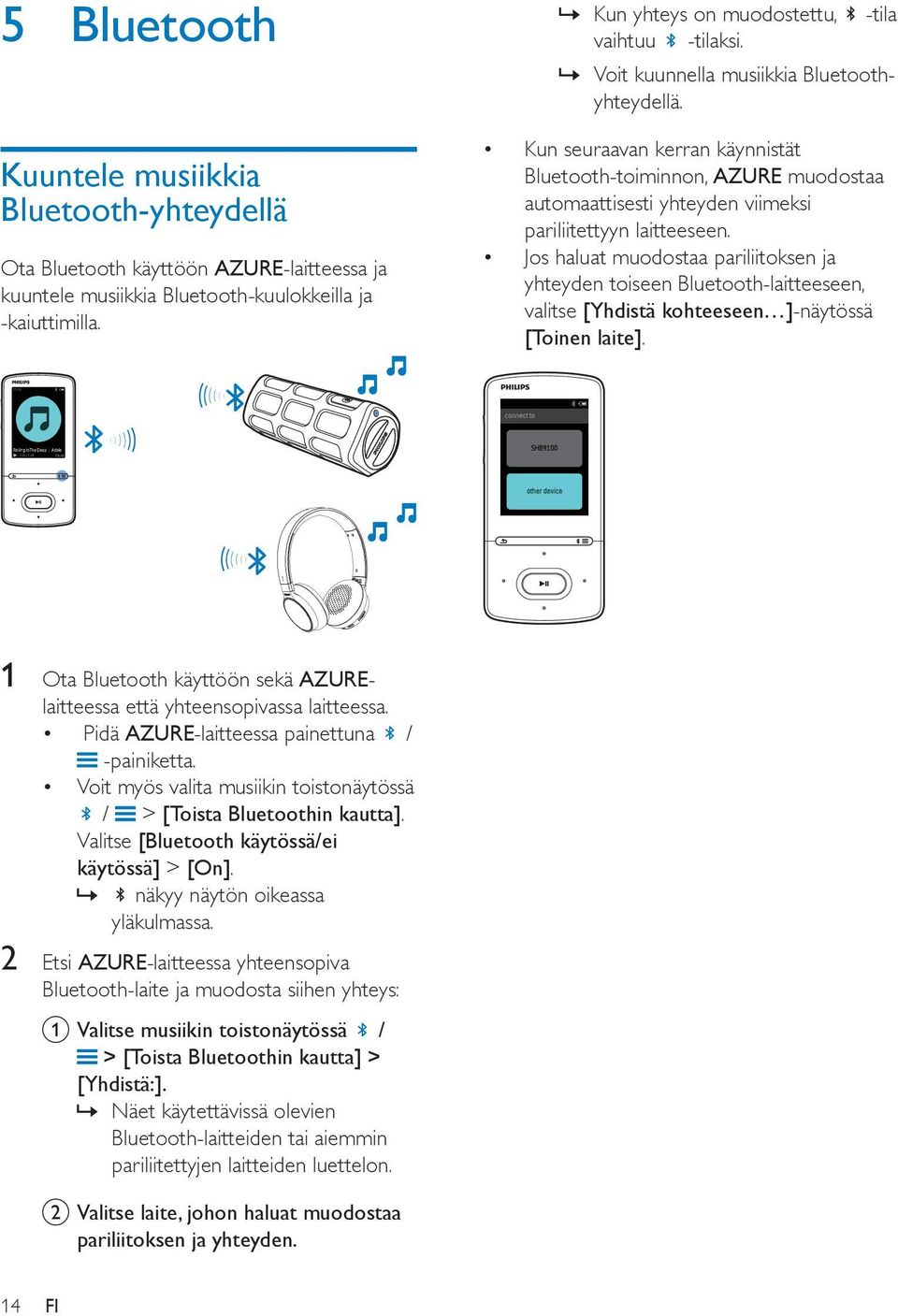 Kun seuraavan kerran käynnistät Bluetooth-toiminnon, AZURE muodostaa automaattisesti yhteyden viimeksi pariliitettyyn laitteeseen.