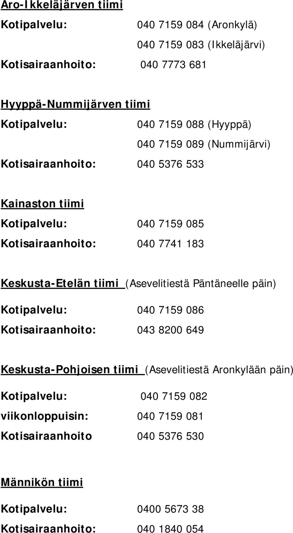 Keskusta-Etelän tiimi (Asevelitiestä Päntäneelle päin) Kotipalvelu: 040 7159 086 Kotisairaanhoito: 043 8200 649 Keskusta-Pohjoisen tiimi (Asevelitiestä