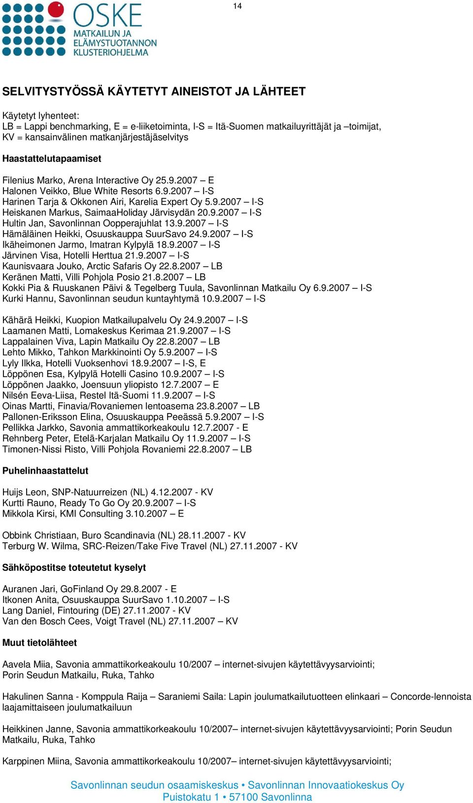 9.2007 I-S Hultin Jan, Savonlinnan Oopperajuhlat 13.9.2007 I-S Hämäläinen Heikki, Osuuskauppa SuurSavo 24.9.2007 I-S Ikäheimonen Jarmo, Imatran Kylpylä 18.9.2007 I-S Järvinen Visa, Hotelli Herttua 21.