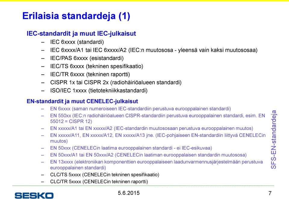 CENELEC-julkaisut EN 6xxxx (saman numeroiseen IEC-standardiin perustuva eurooppalainen standardi) EN 550xx (IEC:n radiohäiriöalueen CISPR-standardiin perustuva eurooppalainen standardi, esim.