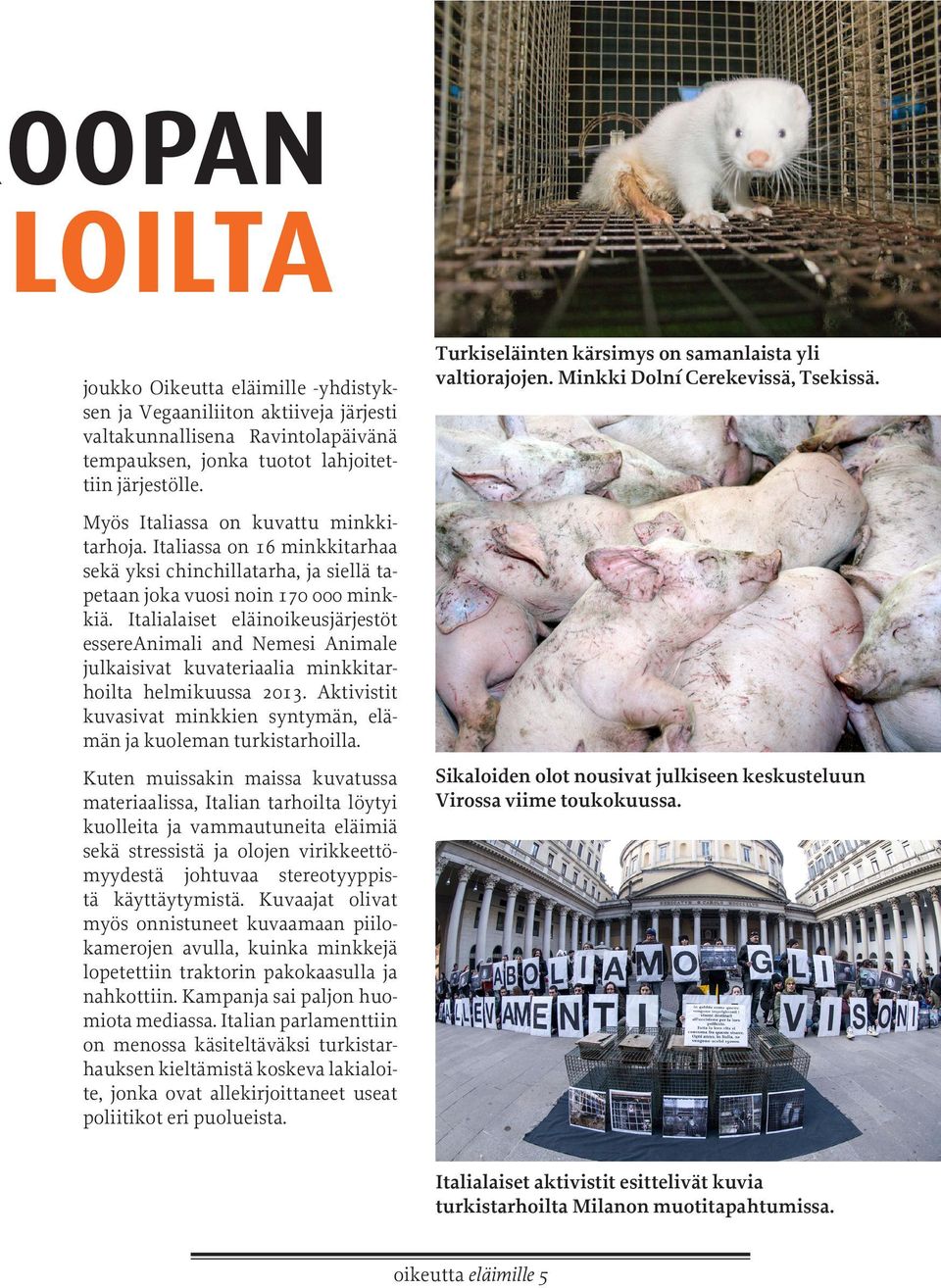 Italialaiset eläinoikeusjärjestöt essereanimali and Nemesi Animale julkaisivat kuvateriaalia minkkitarhoilta helmikuussa 2013.