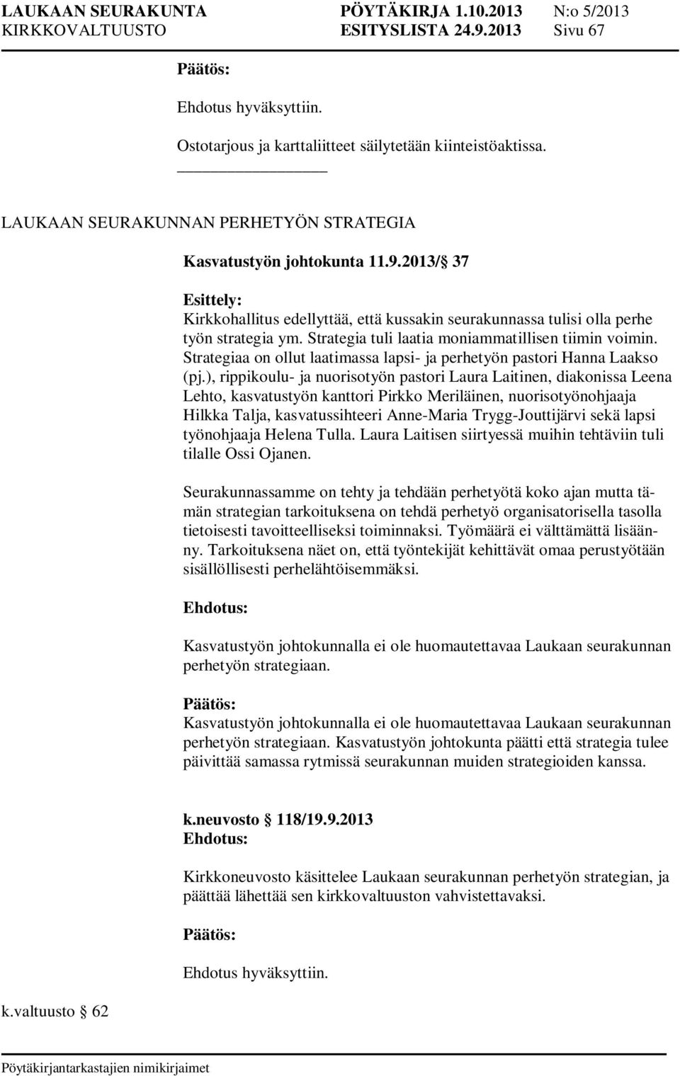 ), rippikoulu- ja nuorisotyön pastori Laura Laitinen, diakonissa Leena Lehto, kasvatustyön kanttori Pirkko Meriläinen, nuorisotyönohjaaja Hilkka Talja, kasvatussihteeri Anne-Maria Trygg-Jouttijärvi