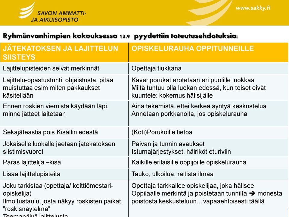 roskien viemistä käydään läpi, minne jätteet laitetaan OPISKELURAUHA OPPITUNNEILLE Opettaja tiukkana Kaveriporukat erotetaan eri puolille luokkaa Miltä tuntuu olla luokan edessä, kun toiset eivät