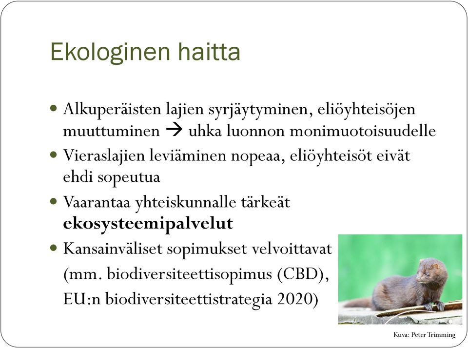 sopeutua Vaarantaa yhteiskunnalle tärkeät ekosysteemipalvelut Kansainväliset sopimukset