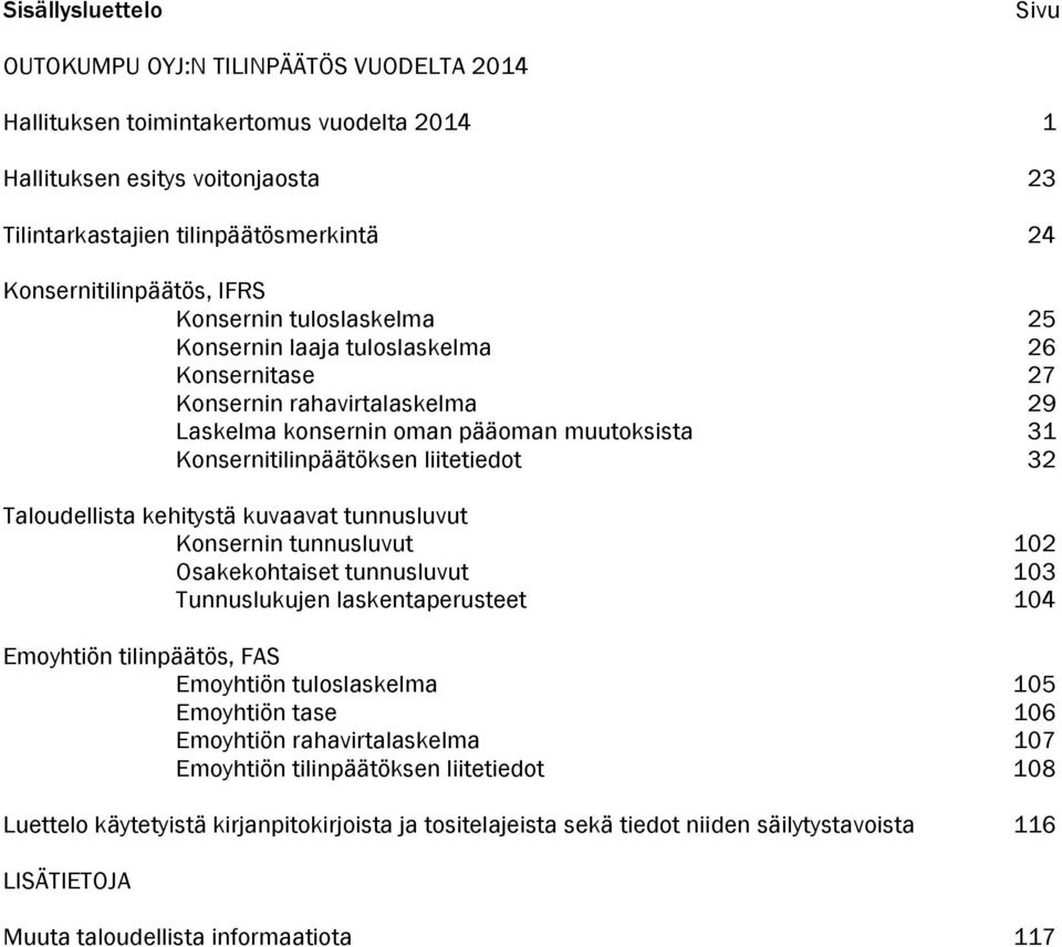 Konsernitilinpäätöksen liitetiedot 32 Taloudellista kehitystä kuvaavat tunnusluvut Konsernin tunnusluvut 102 Osakekohtaiset tunnusluvut 103 Tunnuslukujen laskentaperusteet 104 Emoyhtiön tilinpäätös,