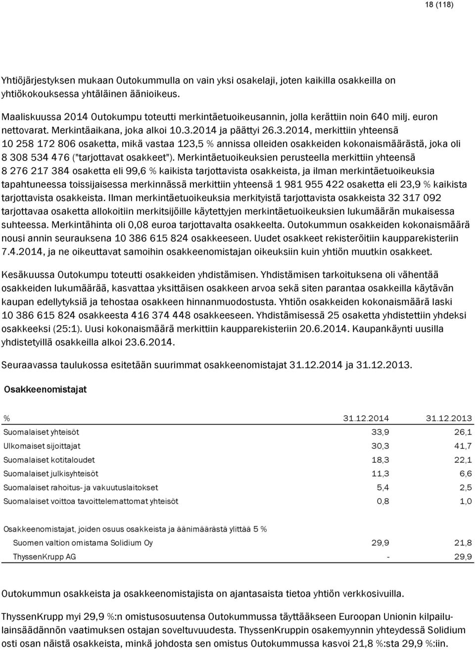 2014 ja päättyi 26.3.2014, merkittiin yhteensä 10 258 172 806 osaketta, mikä vastaa 123,5 % annissa olleiden osakkeiden kokonaismäärästä, joka oli 8 308 534 476 ("tarjottavat osakkeet").