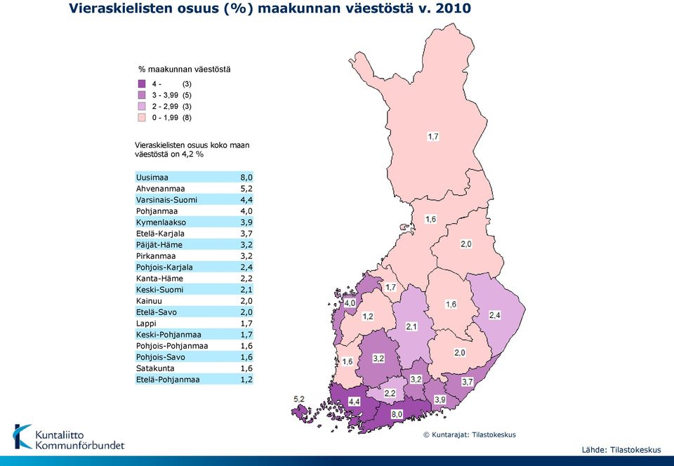 8,0 Ahvenanmaa 5,2 Varsinais-Suomi 4,4 Pohjanmaa 4,0 Kymenlaakso 3,9 Etelä-Karjala 3,7 Päijät-Häme 3,2 Pirkanmaa 3,2