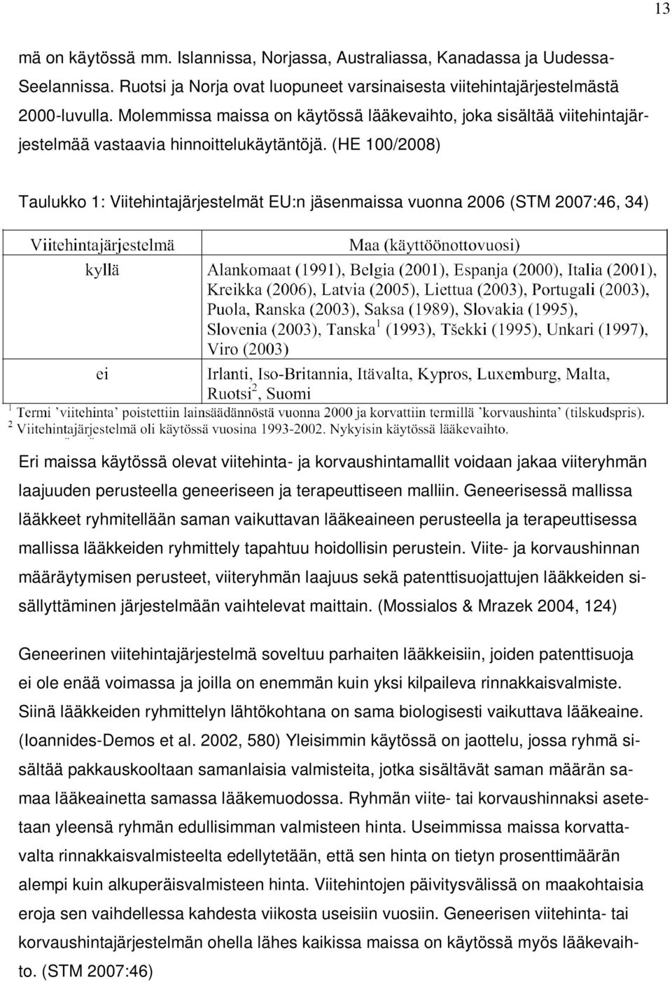 (HE 100/2008) Taulukko 1: Viitehintajärjestelmät EU:n jäsenmaissa vuonna 2006 (STM 2007:46, 34) Eri maissa käytössä olevat viitehinta- ja korvaushintamallit voidaan jakaa viiteryhmän laajuuden