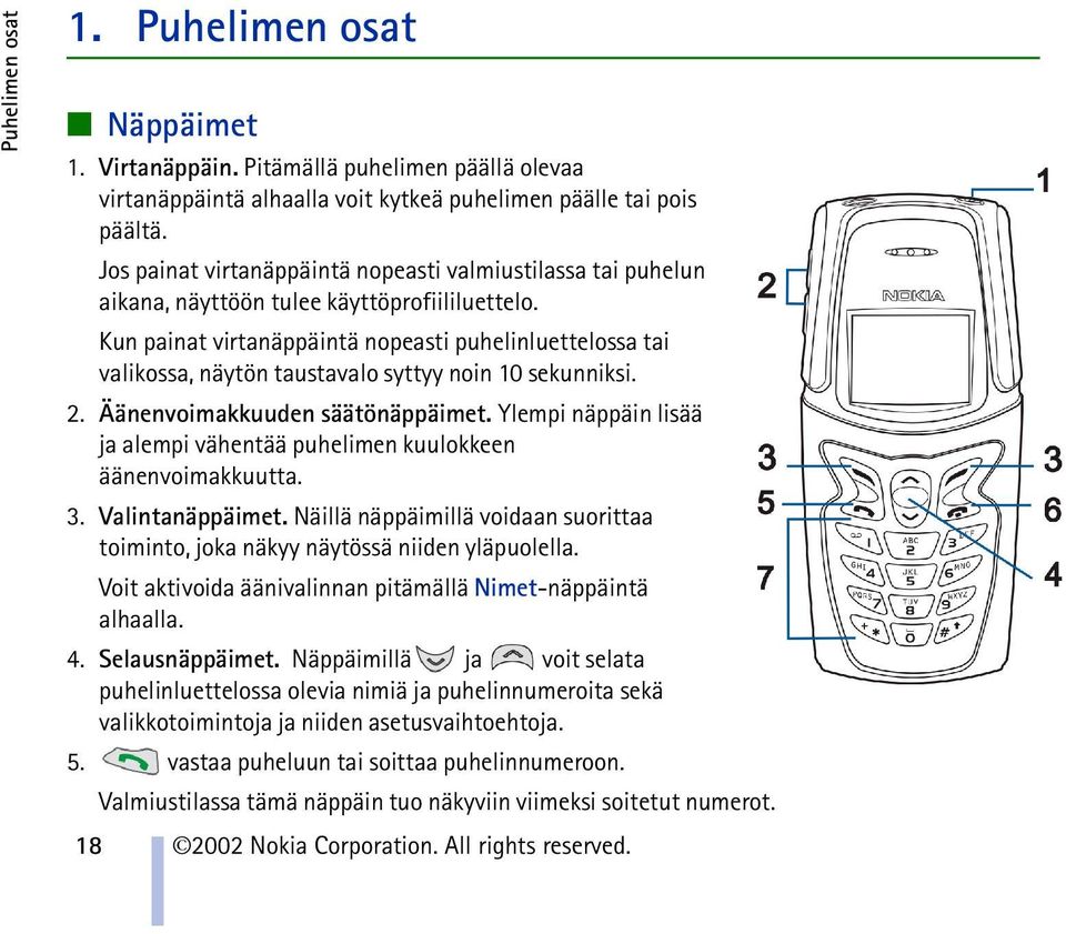 Kun painat virtanäppäintä nopeasti puhelinluettelossa tai valikossa, näytön taustavalo syttyy noin 10 sekunniksi. 2. Äänenvoimakkuuden säätönäppäimet.