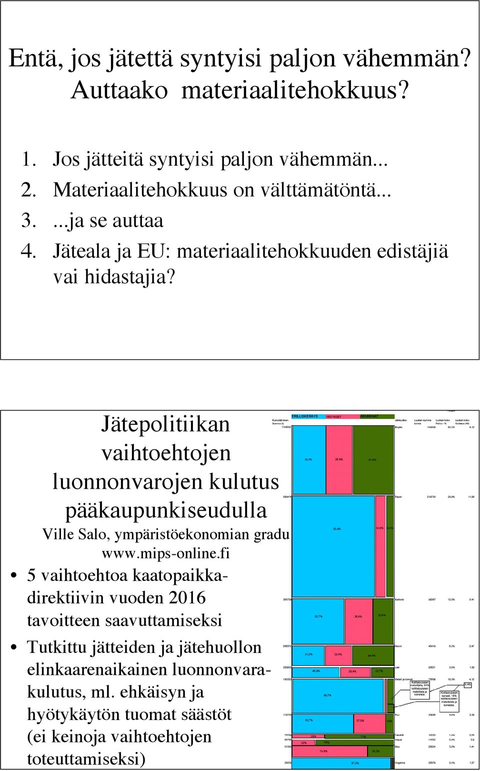 Jätepolitiikan vaihtoehtojen luonnonvarojen kulutus pääkaupunkiseudulla Ville Salo, ympäristöekonomian gradu www.mips-online.