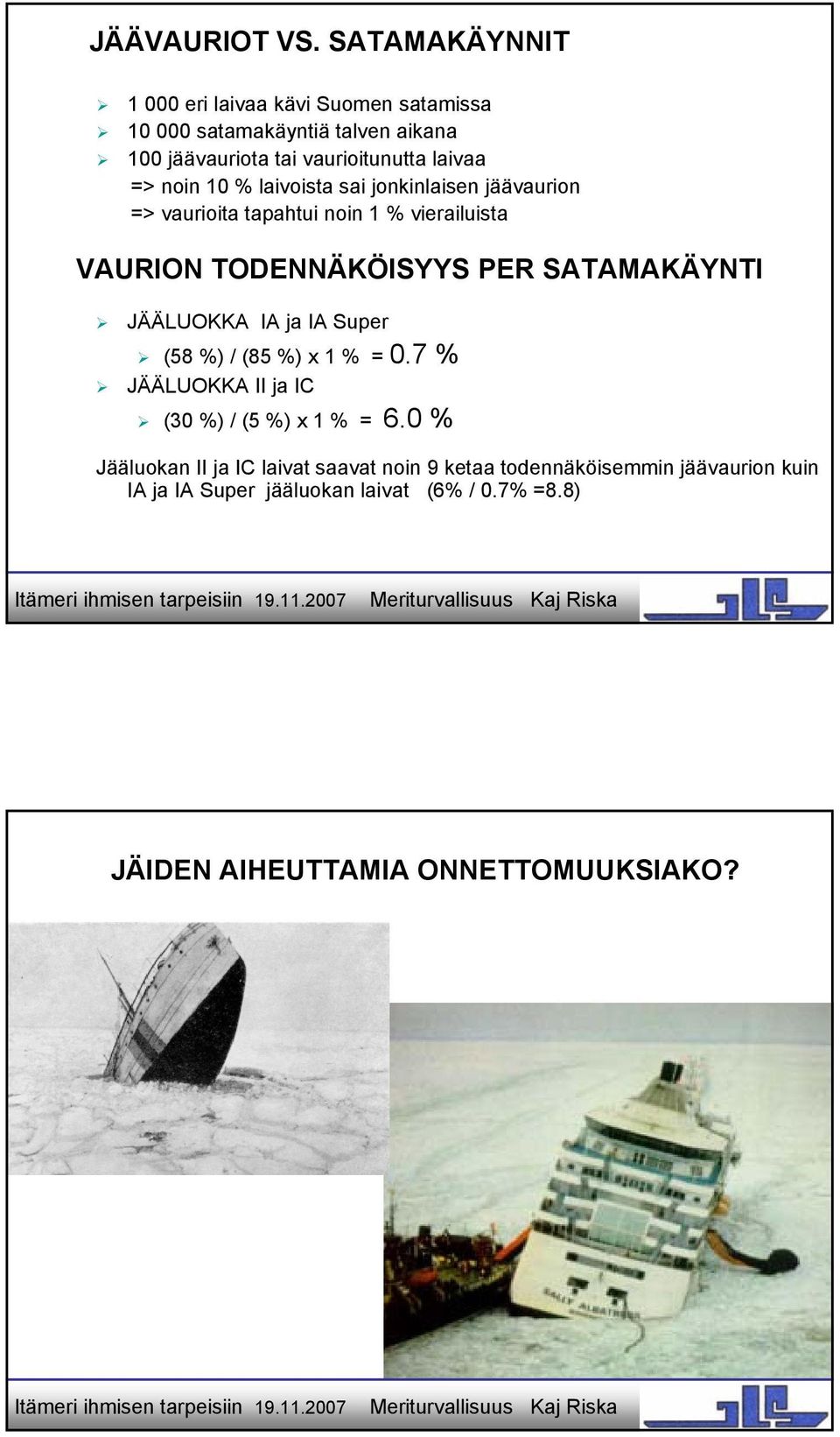 noin 10 % laivoista sai jonkinlaisen jäävaurion => vaurioita tapahtui noin 1 % vierailuista VAURION TODENNÄKÖISYYS PER SATAMAKÄYNTI