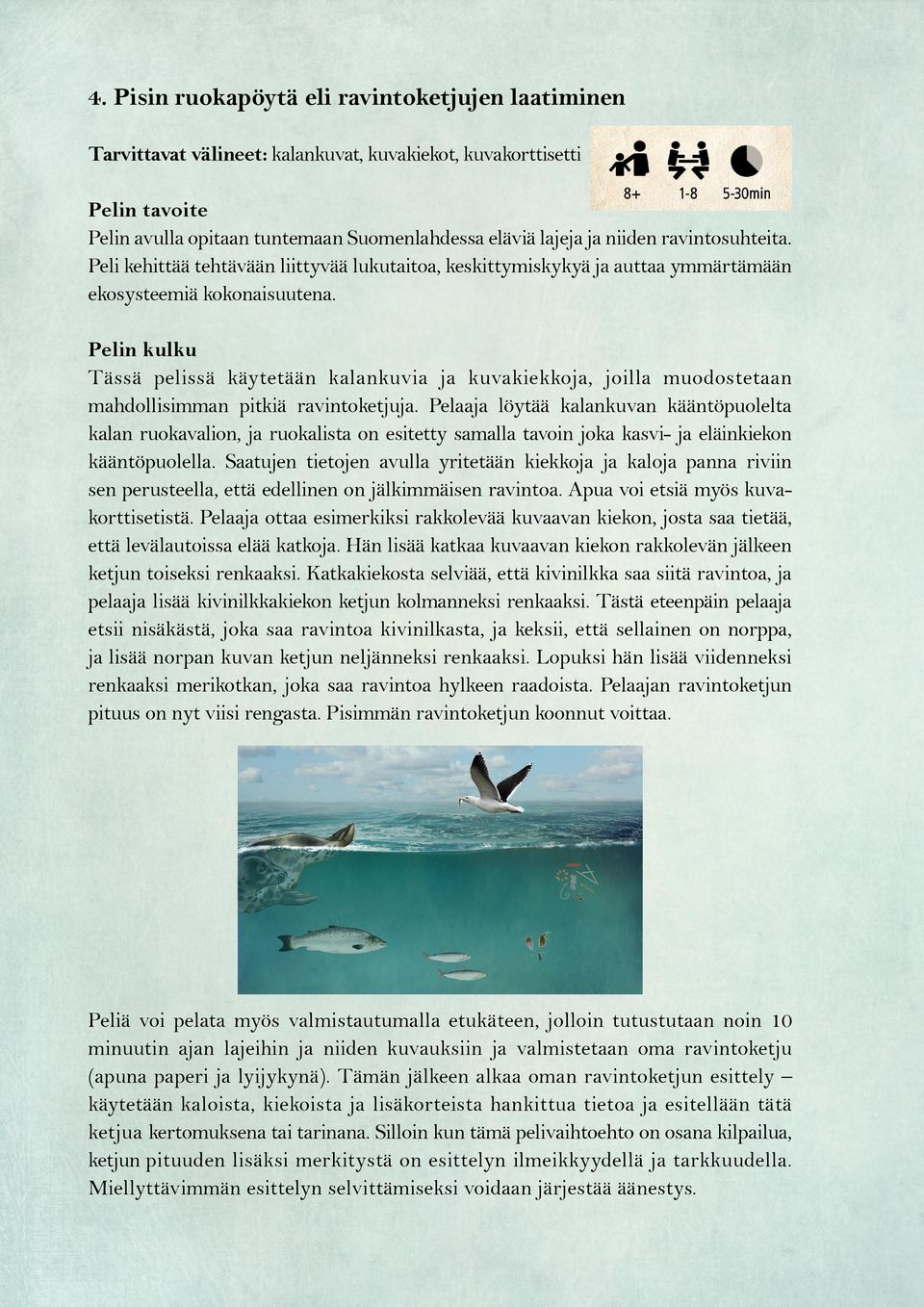 Tässä pelissä käytetään kalankuvia ja kuvakiekkoja, joilla muodostetaan mahdollisimman pitkiä ravintoketjuja.