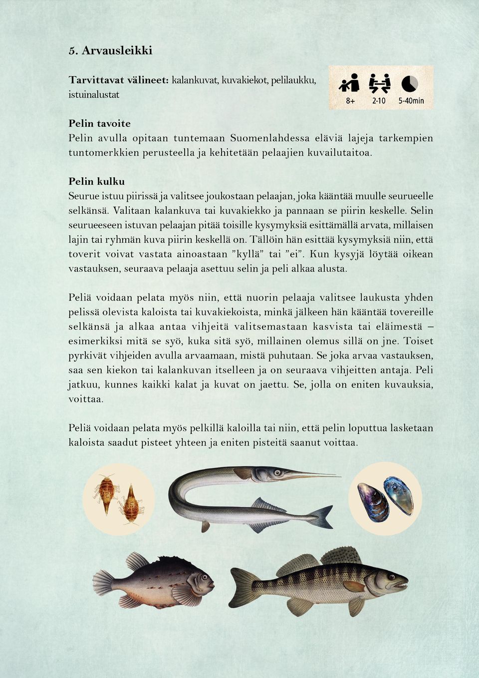 Selin seurueeseen istuvan pelaajan pitää toisille kysymyksiä esittämällä arvata, millaisen lajin tai ryhmän kuva piirin keskellä on.