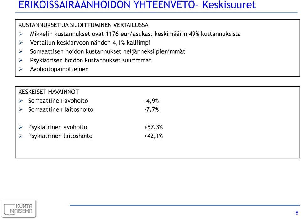 kustannukset neljänneksi pienimmät Psykiatrisen hoidon kustannukset suurimmat Avohoitopainotteinen KESKEISET