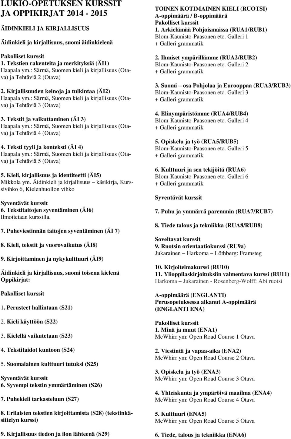 Tekstit ja vaikuttaminen (ÄI 3) Haapala ym.: Särmä, Suomen kieli ja kirjallisuus (Otava) ja Tehtäviä 4 (Otava) 4. Teksti tyyli ja konteksti (ÄI 4) Haapala ym.