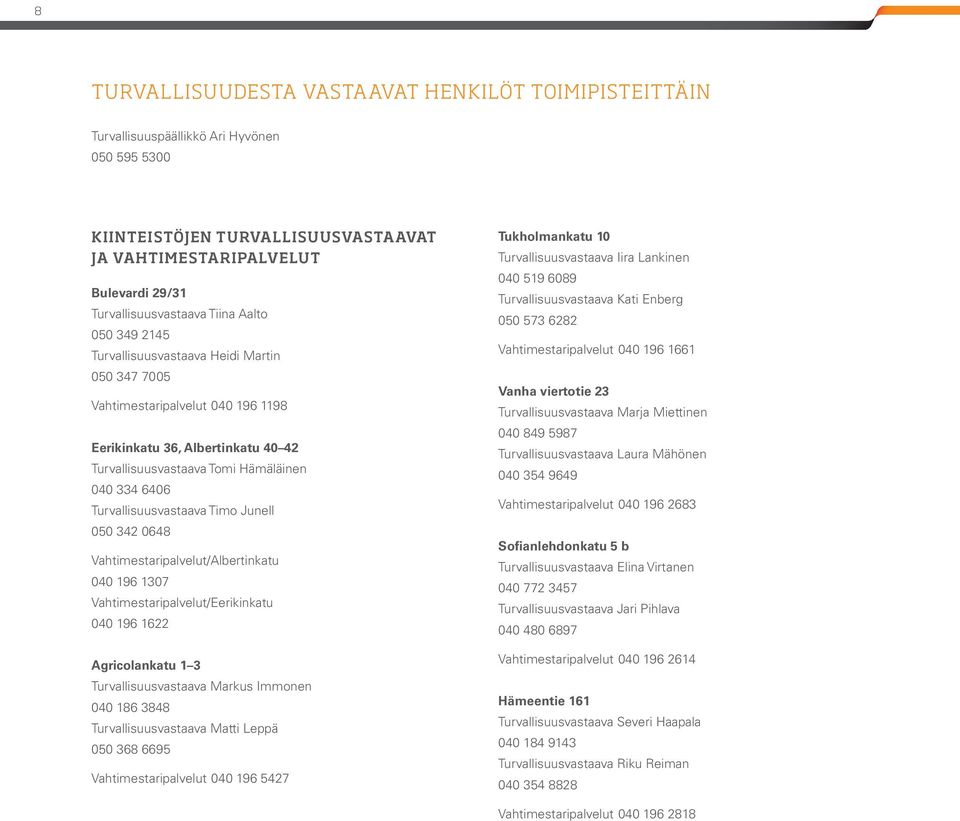 Turvallisuusvastaava Timo Junell 050 342 0648 Vahtimestaripalvelut/Albertinkatu 040 196 1307 Vahtimestaripalvelut/Eerikinkatu 040 196 1622 Agricolankatu 1 3 Turvallisuusvastaava Markus Immonen 040