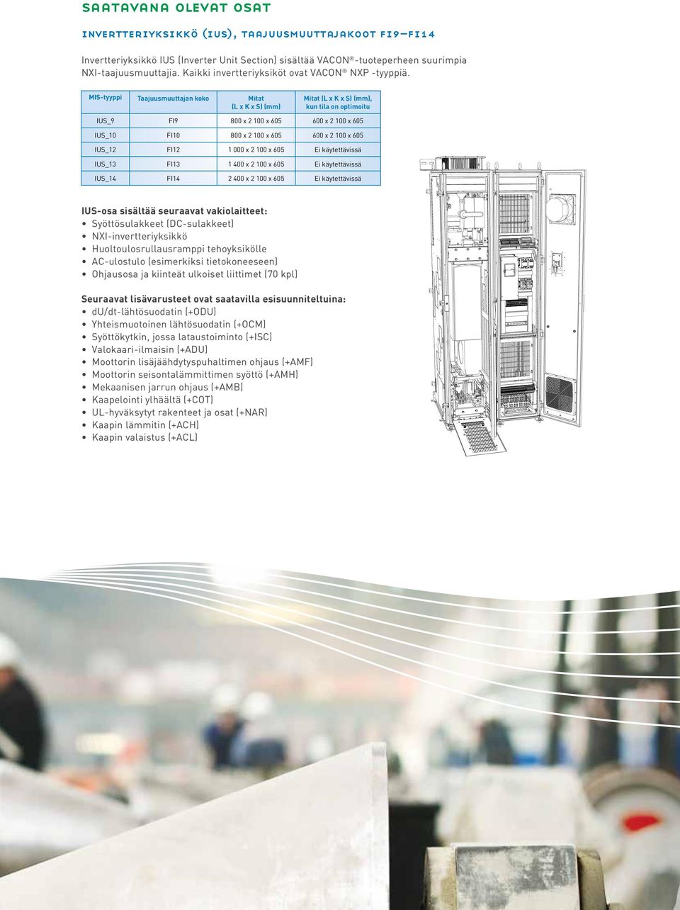 MIS-tyyppi Taajuusmuuttajan koko Mitat (L x K x S) (mm) Mitat (L x K x S) (mm), kun tila on optimoitu IUS_9 FI9 800 x 2 100 x 605 600 x 2 100 x 605 IUS_10 FI10 800 x 2 100 x 605 600 x 2 100 x 605