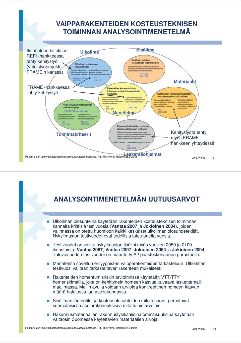 rakenteiden kosteusteknisen toiminnan kannalta kriittisiä testivuosia (Vantaa 2007 ja Jokioinen 2004), joiden valinnassa on otettu huomioon kaikki keskeiset ulkoilman olosuhdetekijät.