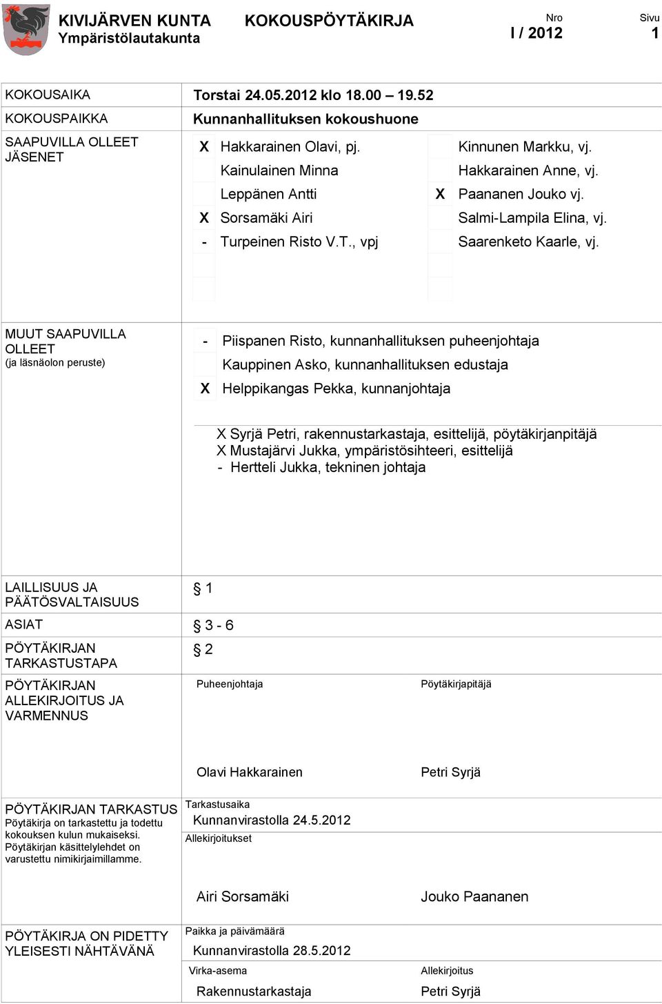 MUUT SAAPUVILLA OLLEET (ja läsnäolon peruste) - Piispanen Risto, kunnanhallituksen puheenjohtaja Kauppinen Asko, kunnanhallituksen edustaja X Helppikangas Pekka, kunnanjohtaja X Syrjä Petri,