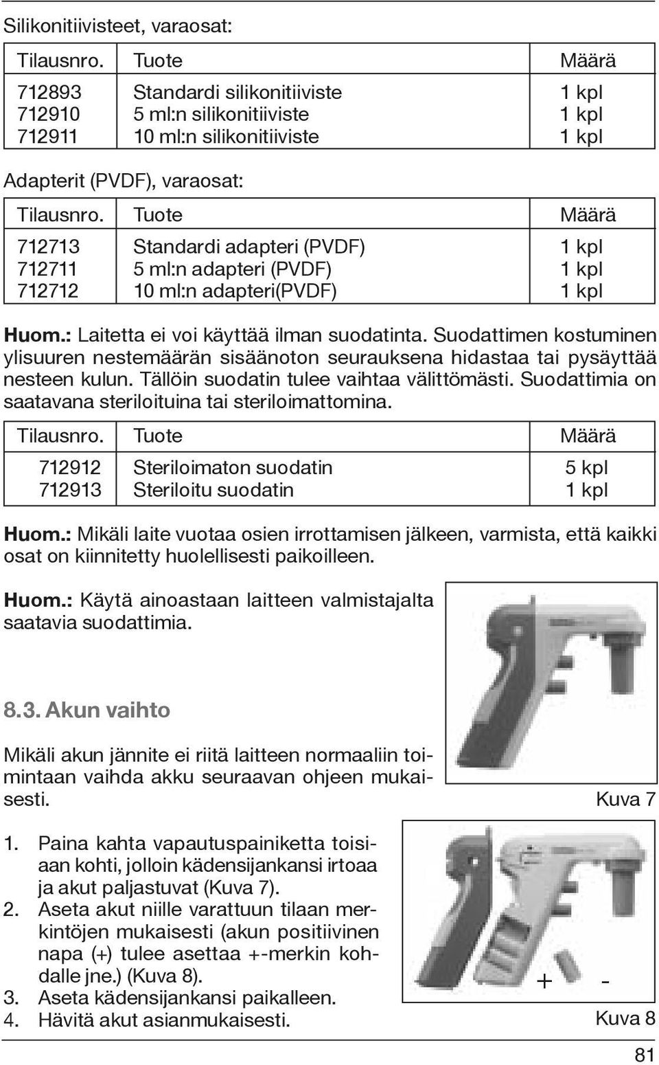 Tuote Määrä 712713 Standardi adapteri (PVDF) 1 kpl 712711 5 ml:n adapteri (PVDF) 1 kpl 712712 10 ml:n adapteri(pvdf) 1 kpl Huom.: Laitetta ei voi käyttää ilman suodatinta.