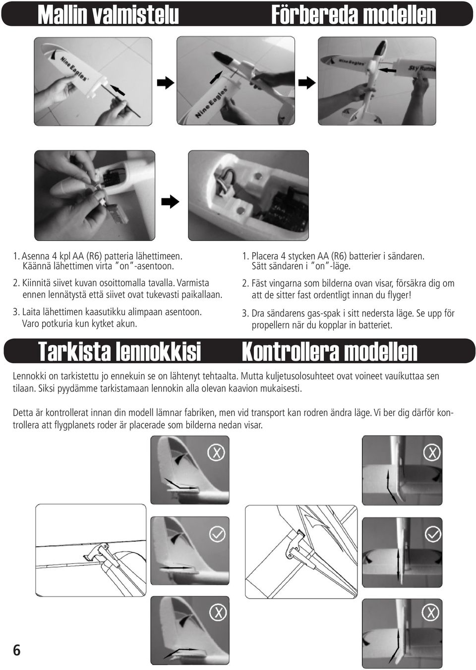 Placera 4 stycken AA (R6) batterier i sändaren. Sätt sändaren i on -läge. 2. Fäst vingarna som bilderna ovan visar, försäkra dig om att de sitter fast ordentligt innan du flyger! 3.