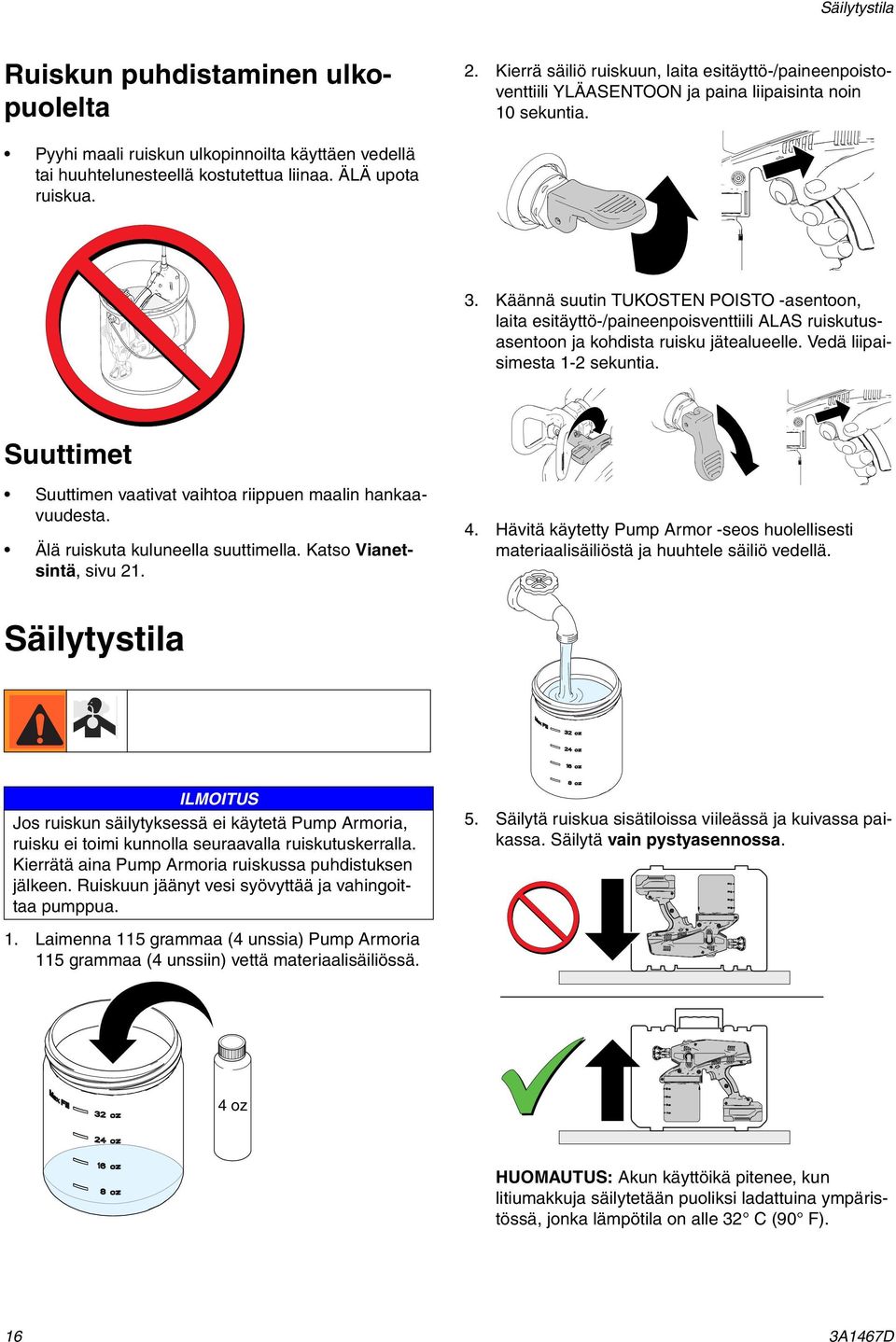 Käännä suutin TUKOSTEN POISTO -asentoon, laita esitäyttö-/paineenpoisventtiili ALAS ruiskutusasentoon ja kohdista ruisku jätealueelle. Vedä liipaisimesta 1-2 sekuntia.