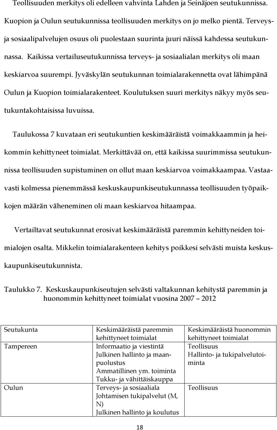 Jyväskylän seutukunnan toimialarakennetta ovat lähimpänä Oulun ja Kuopion toimialarakenteet. Koulutuksen suuri merkitys näkyy myös seutukuntakohtaisissa luvuissa.