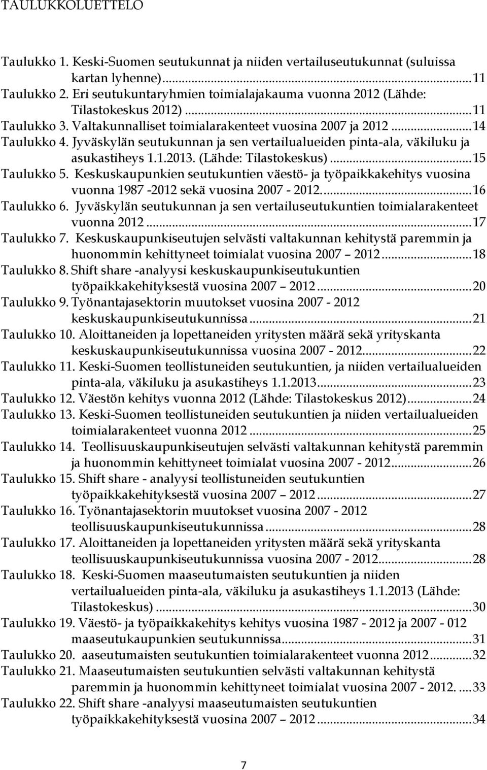 Jyväskylän seutukunnan ja sen vertailualueiden pinta-ala, väkiluku ja asukastiheys 1.1.2013. (Lähde: Tilastokeskus)... 15 Taulukko 5.