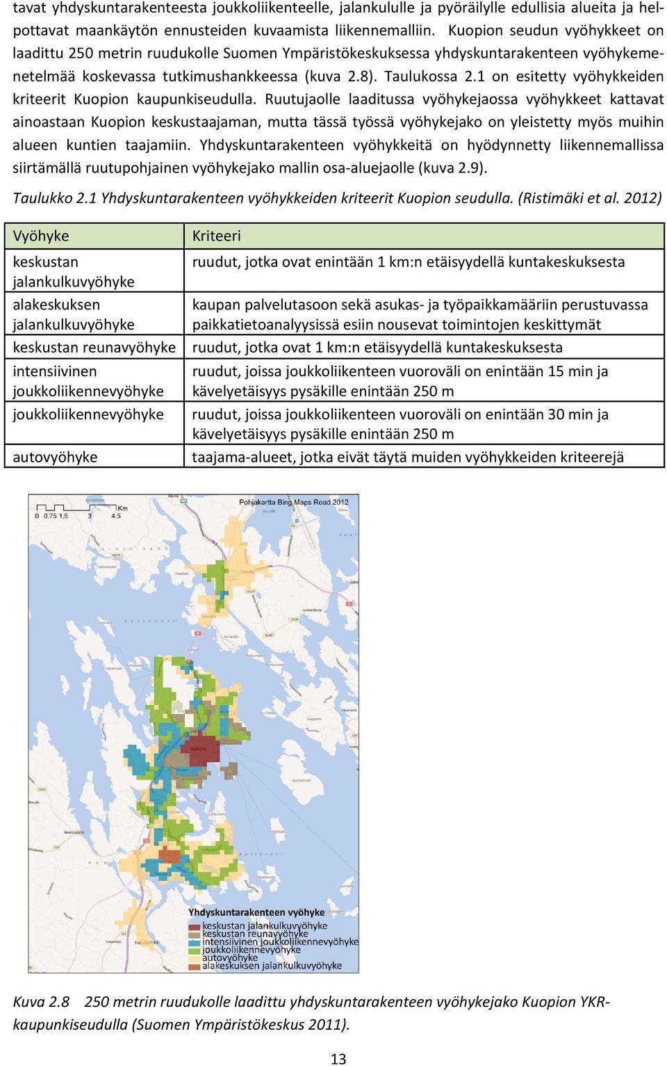 1 on esitetty vyöhykkeiden kriteerit Kuopion kaupunkiseudulla.