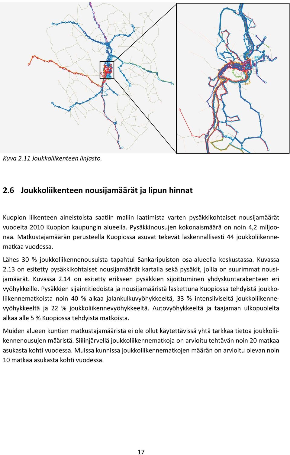 Lähes 30 % joukkoliikennenousuista tapahtui Sankaripuiston osa-alueella keskustassa. Kuvassa 2.13 on esitetty pysäkkikohtaiset nousijamäärät kartalla sekä pysäkit, joilla on suurimmat nousijamäärät.