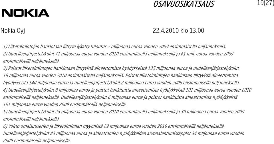 3) Poistot liiketoimintojen hankintaan liittyvistä aineettomista hyödykkeistä 135 miljoonaa euroa ja uudelleenjärjestelykulut 18 miljoonaa euroa vuoden 2010 ensimmäisellä neljänneksellä.