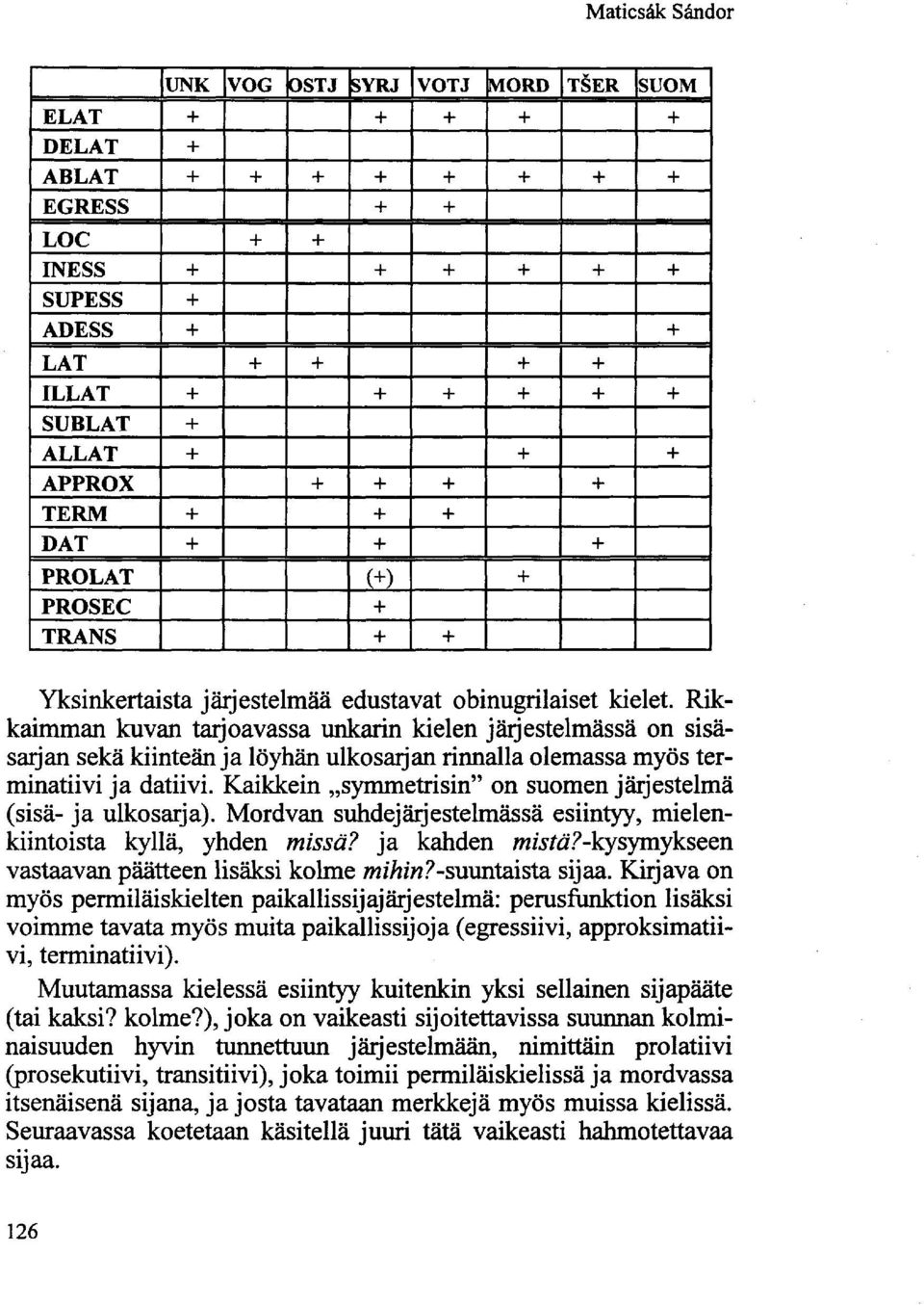 Rikkaimman kuvan tarjoavassa unkarin kielen järjestelmässä on sisäsarjan sekä kiinteän ja löyhän ulkosarjan rinnalla olemassa myös terminatiivi ja datiivi.